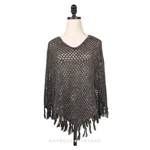 Y2K Poncho Sweater OS Brown Ramie Wool Blend Boho Indie Fringe Open Sheer Vtg